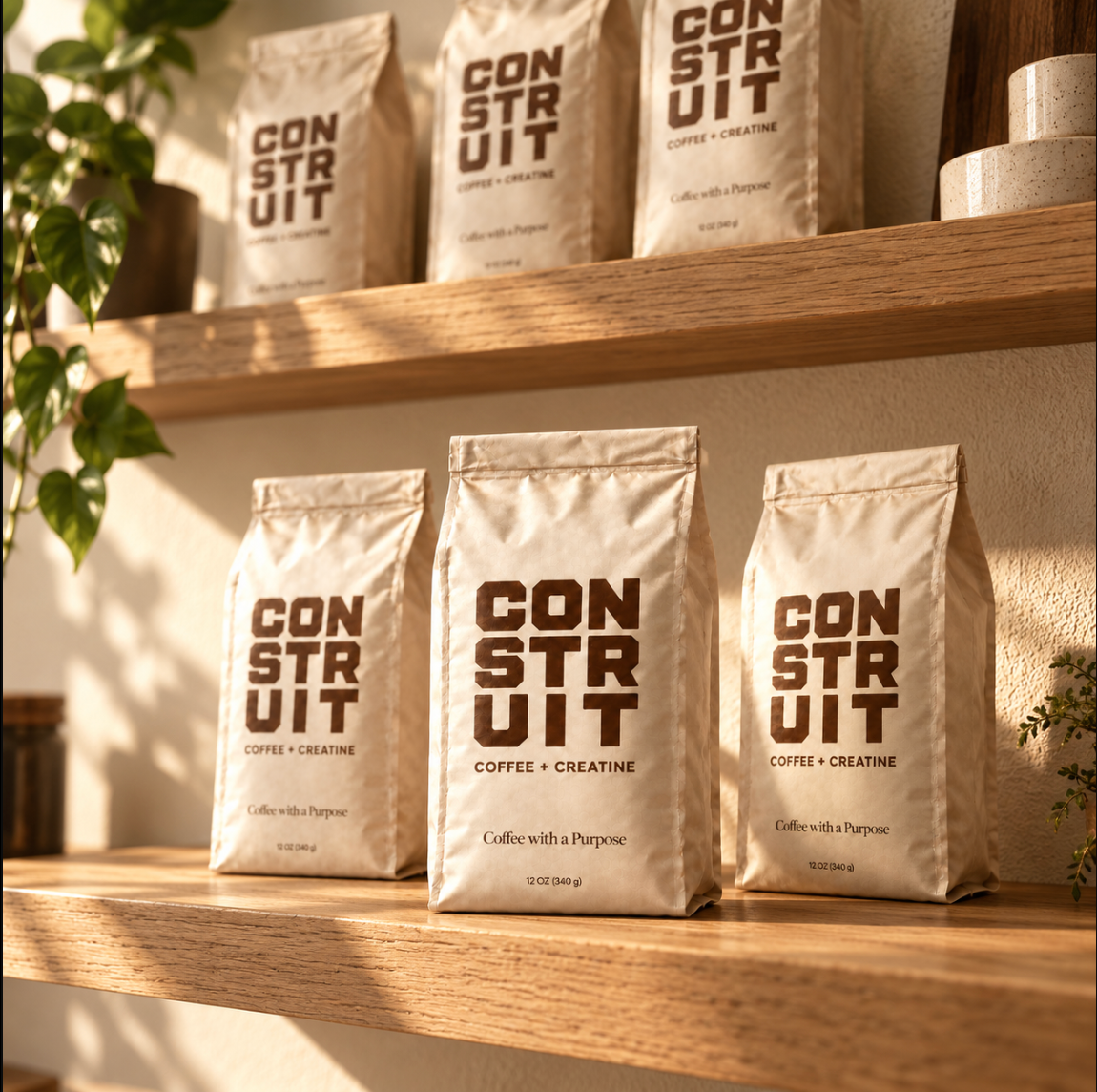 Cream CONSTRUIT Coffee bags arranged on warm wooden shelves